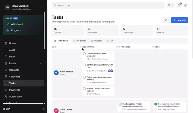 OWA OS team board with tasks